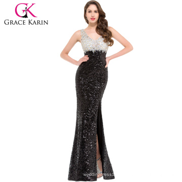 Grace Karin New Arrival Sem Mangas V-Neck Cheap Sequins High-Split Long Black Black Prom Dresses 2016 GK000022-1